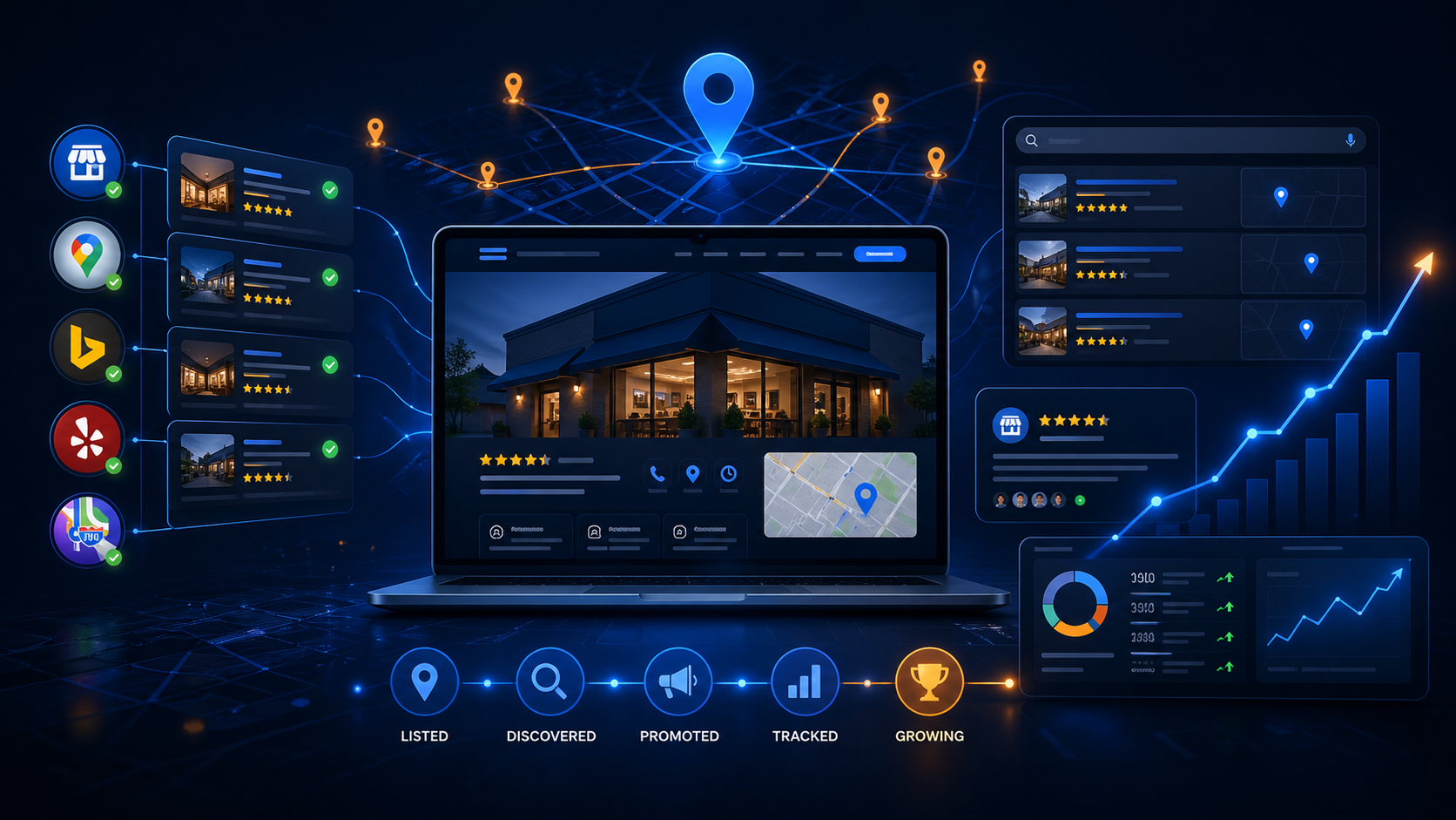 Local Visibility Engine dashboard showing business listings, map visibility, tracking, and growth analytics
